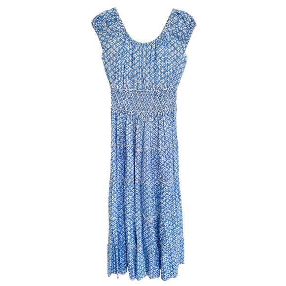 Pink City Prints Rah Rah Blue Tulip Block Smocked Maxi Midi Dress Tuckernuck - Picture 1 of 9